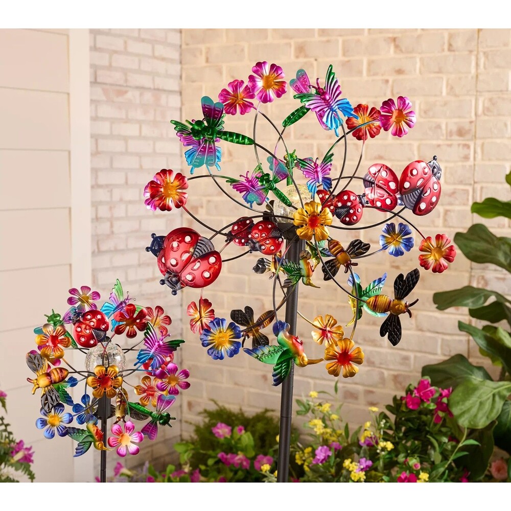 Temp-tations Outdoors Set of 2 Wind Spinners w/ Solar Lights Butterfly Garden